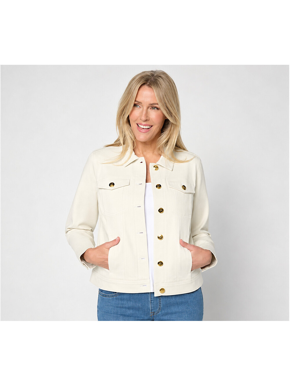 Belle by Kim Gravel TripleLuxe Topstitched Jean Jacket Oyster, Size X-Small